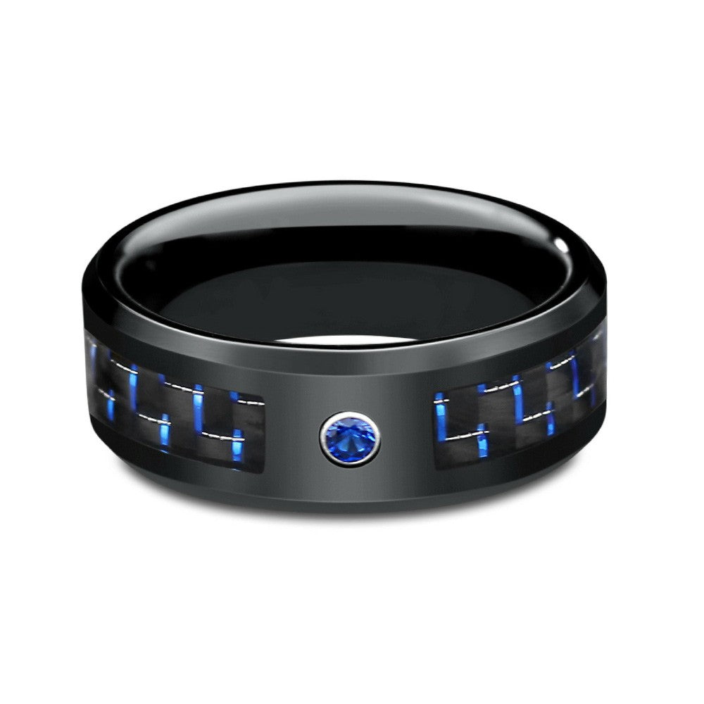 Mens Black And Blue Carbon Fiber Tungsten Wedding Bands With Cz Findurings 7883