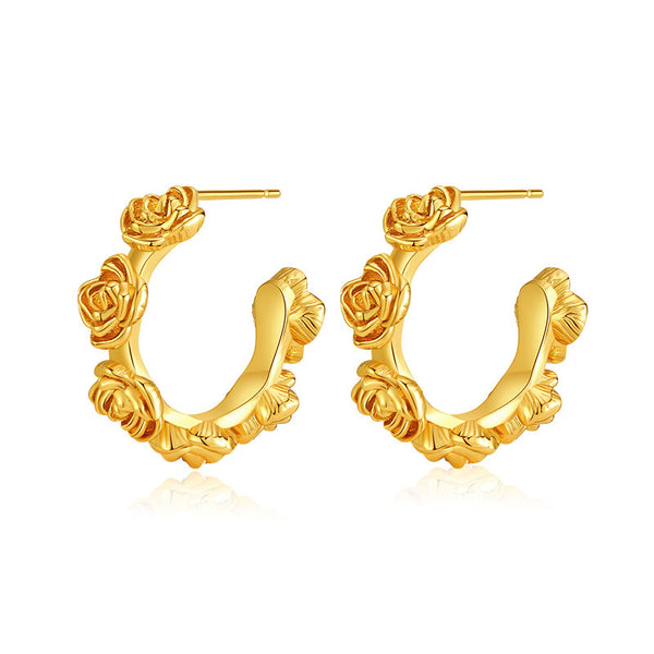 18K Gold Plated Silver Needle Rose Engraved Hoop Earrings