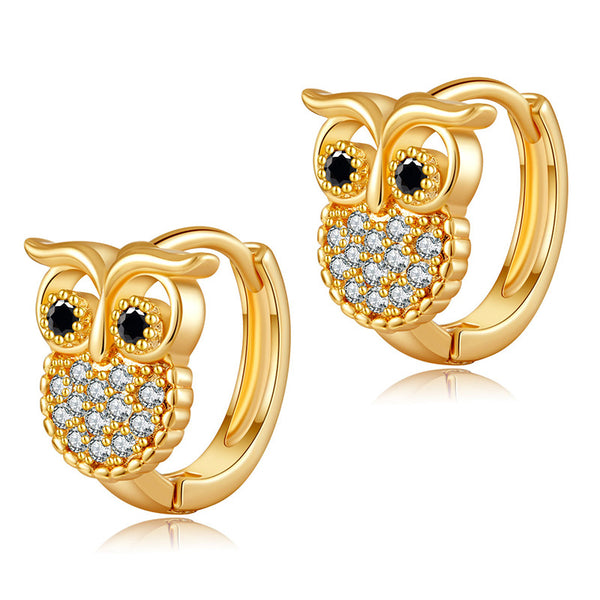 Copper 18K Gold Plated Cute Black Eyed Owl Hoop Earrings