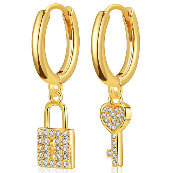 18K Gold Plated Copper Key Lock with Zircon Drop Earrings