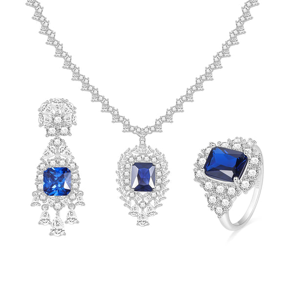 S925 Sterling Silver Sapphire Pendant Necklace & Ring & Earring Jewelry Set