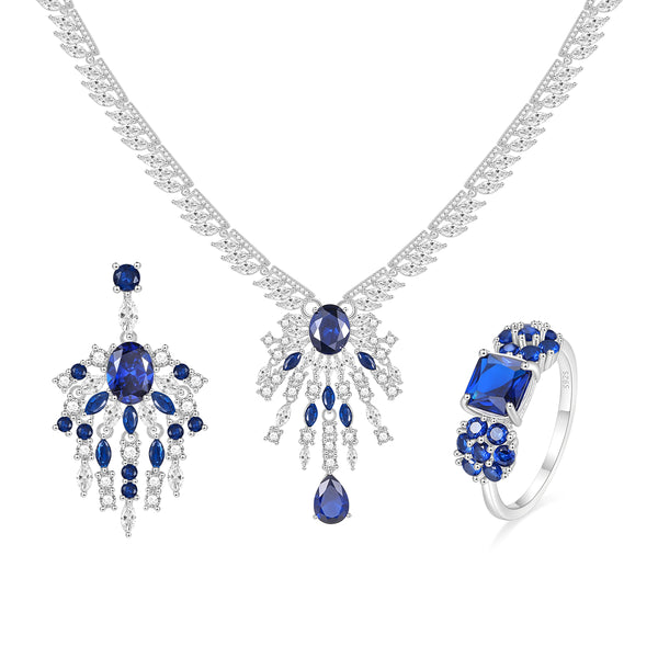 Blue & White Sapphire Jewelry Set in Sterling Silver