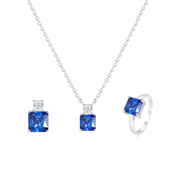 925 Sterling Silver Blue Sapphire Pendant and Earrings Jewelry Set