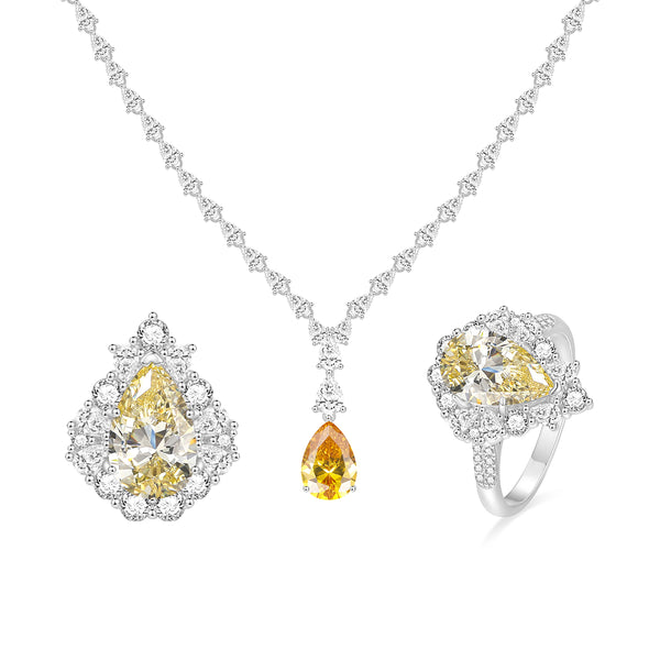 925 Sterling Silver Yellow Cubic Zircon Pendant & Ring & Earrings Jewelry  Set