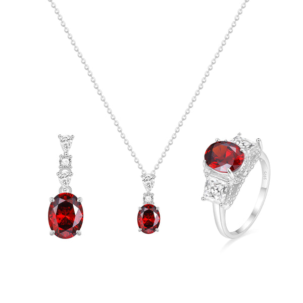 Sterling Silver Lab Created Oval Cut Red Ruby Jewelry Set