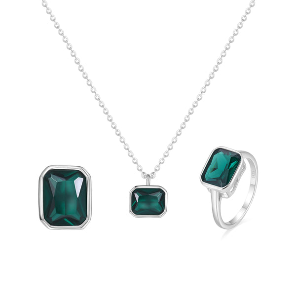 Sterling Silver Emerald Earring & Pendant & Ring Jewelry Set