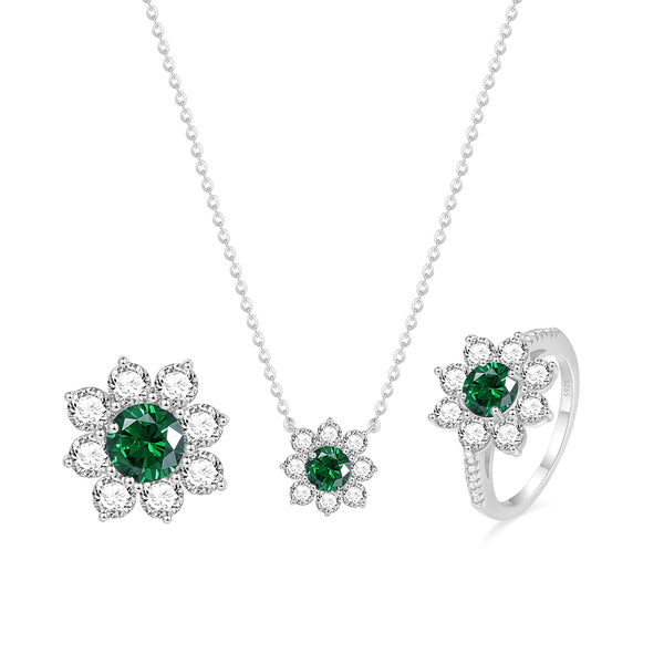 925 Sterling Silver Emerald Flower Pendant & Ring & Earrings Jewelry Set