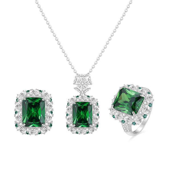 925 Sterling Silver Emerald Hola Ring & pendant necklace & Earrings Set