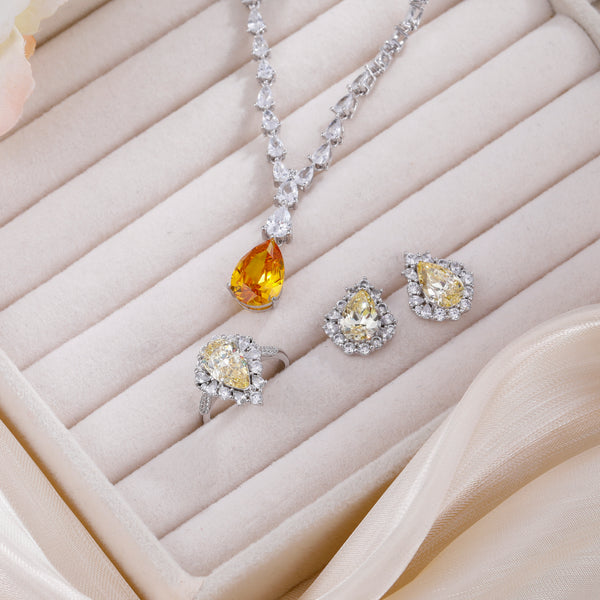 Yellow Sapphire Pendant & Ring & Earrings Jewelry Set