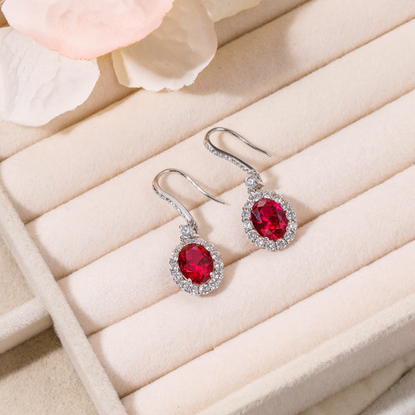 2CT Cubic Zirconia Sterling Silver Oval-cut Ruby Earrings with Hooks