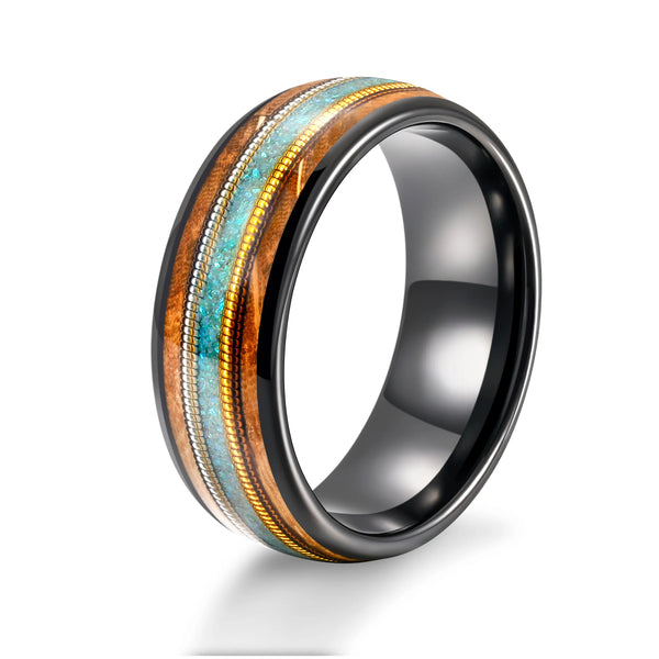 Whiskey Barrel Wood Turquoise Guitar Strings Inlay Tungsten Ring