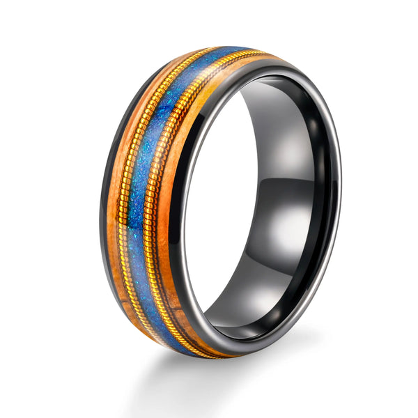 Whiskey Barrel Wood 3A Blue Opal Dual Gold Guitar Strings Inlay Tungsten Ring