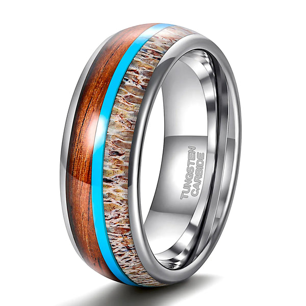 Whiskey Barrel Wood & Turquoise Inlay Tungsten Ring