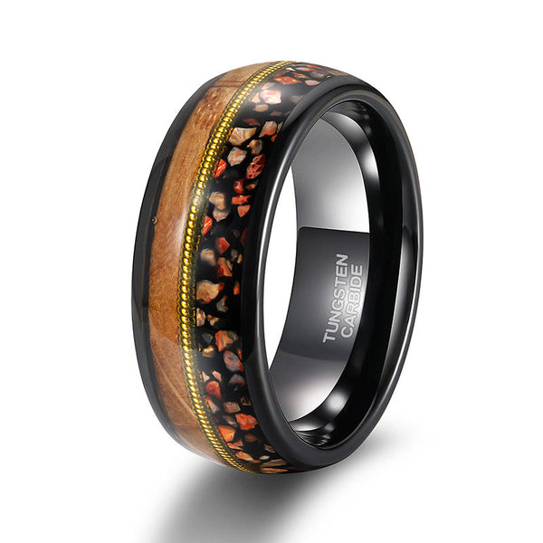 Whiskey Barrel Wood & Abalone shell Pattern Tungsten Ring