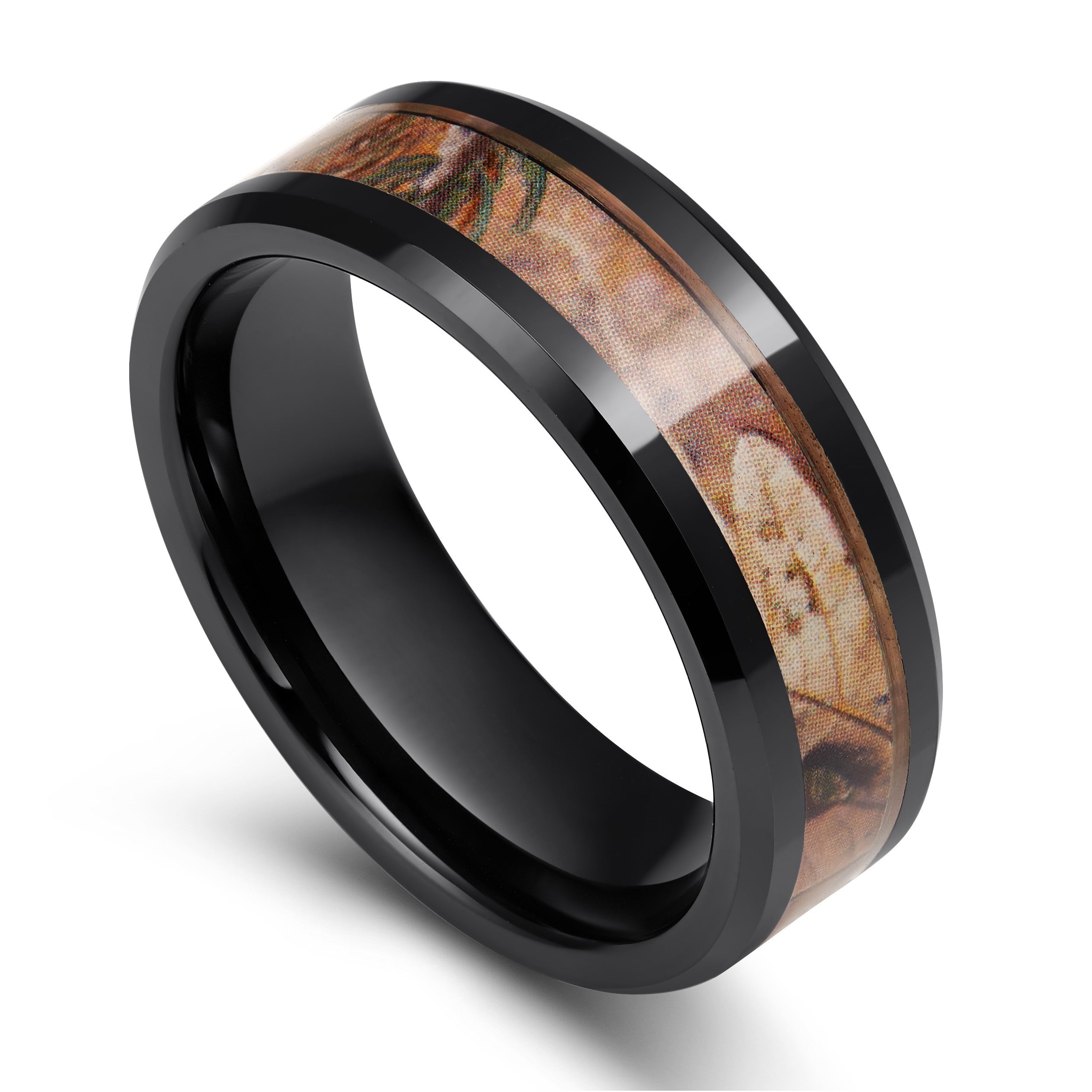 Black Ceramic Rings Camo Inlay Hunting Style Beveled Edge For Men 8mm ...